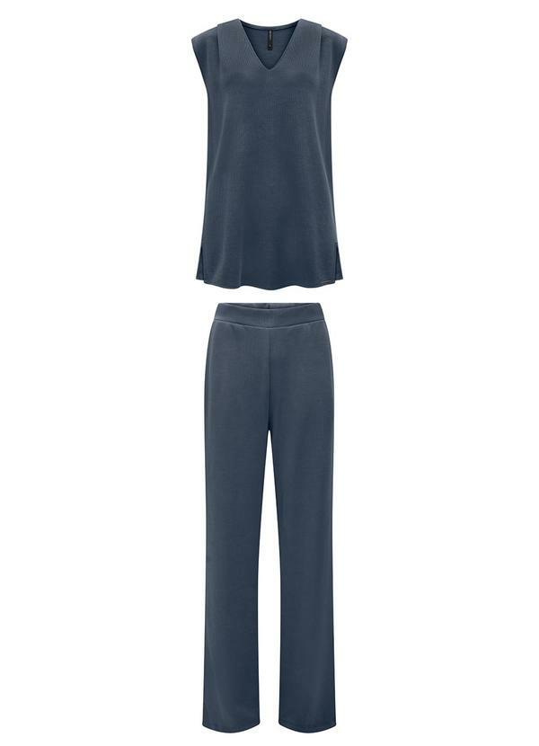 Conjunto com Calça e Blusa Alongada Tricô Azul