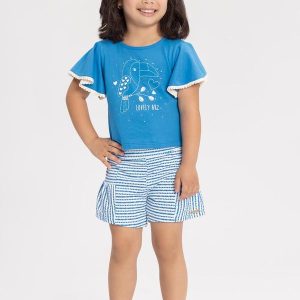 Conjunto com Shorts e Blusa com Pompons Azul