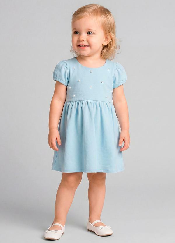 Vestido com Pérolas e Babados Azul