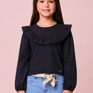 Blusa Menina Infantil Preta com Babado e Renda