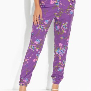 Calça Floral Roxo com Bolsos Funcionais