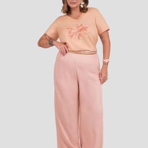 Calça Plus Size Pantalona em Viscose Rosa