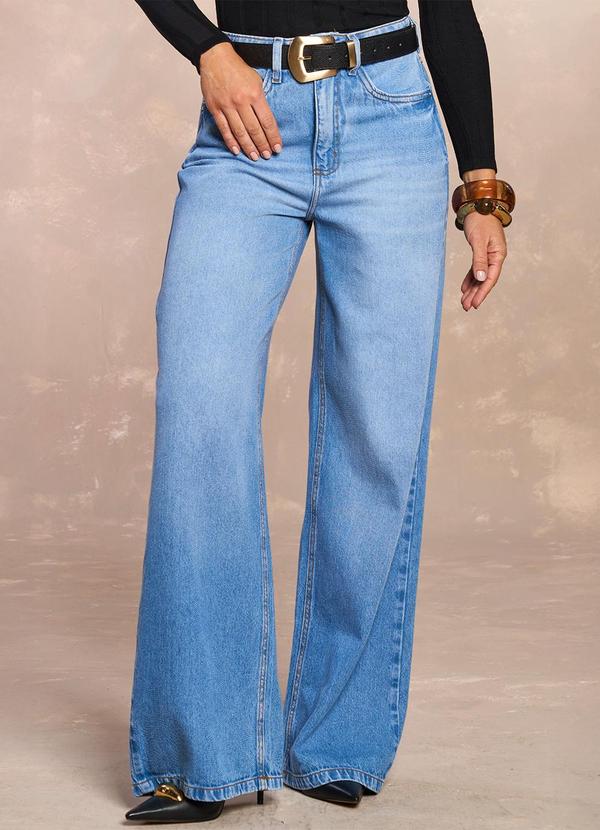 Calça Wide Leg Rosa Jardim Boho em Denim Azul