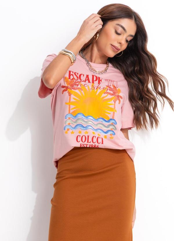 Camiseta em Algodão Estampada Rosa