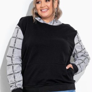 Casaco Preto e Mescla com Capuz Plus Size