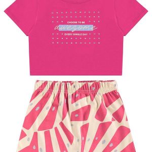 Conjunto Blusa Cropped e Short-Saia Rosa