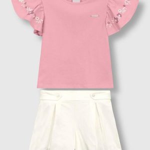 Conjunto Floral com Tecido Acetinado Rosa