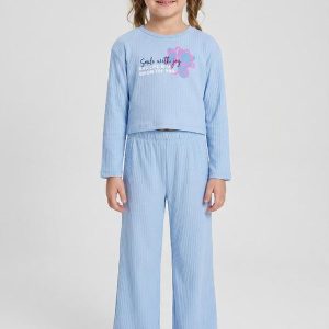 Conjunto Menina de Cropped e Calça Azul