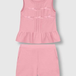 Conjunto Texturizado com Laços Rosa