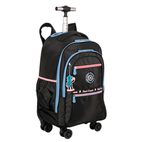 Mochila Carrinho 4 Rodas Duplas Paul Frank Fun - Preto e Rosa