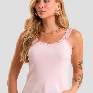 Regata Feminina em Ribana Canelada e Renda Rosa