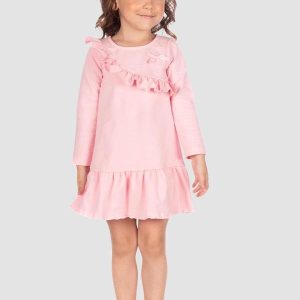 Vestido Babados e Bolinha com Laço Rosa