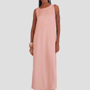 Vestido Longo em Viscose com Fenda Rosa