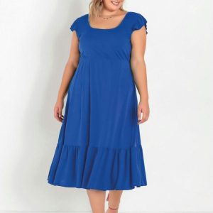 Vestido Midi Azul com Franzidos Plus Size