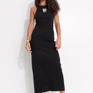 Vestido Midi Rib Maxi Flor Preto