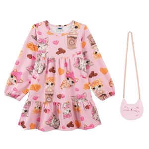 Vestido em Malha Newtech com Bolsa Rosa