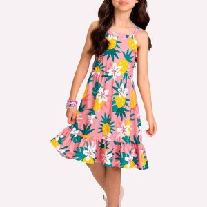 Vestido Infantil Menina Abacaxi Rosa