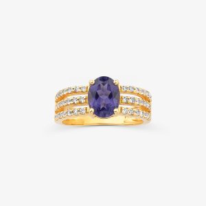 Anel Oval Áurea em Prata 925 com Banho de Ouro Amarelo 18K com Iolita e Topázio Incolor