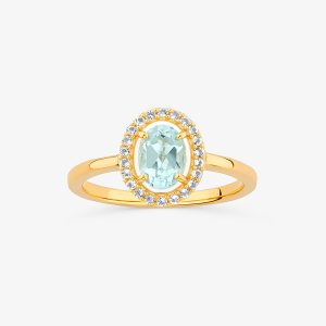 Anel Oval com Topázio Azul e Topázio em Prata 925 com Banho de Ouro Amarelo 18k
