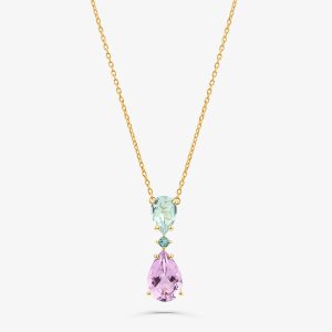 Colar com Rose de France, Topázio Azul e Topázio London em Prata 925 com banho de Ouro Amarelo 18k